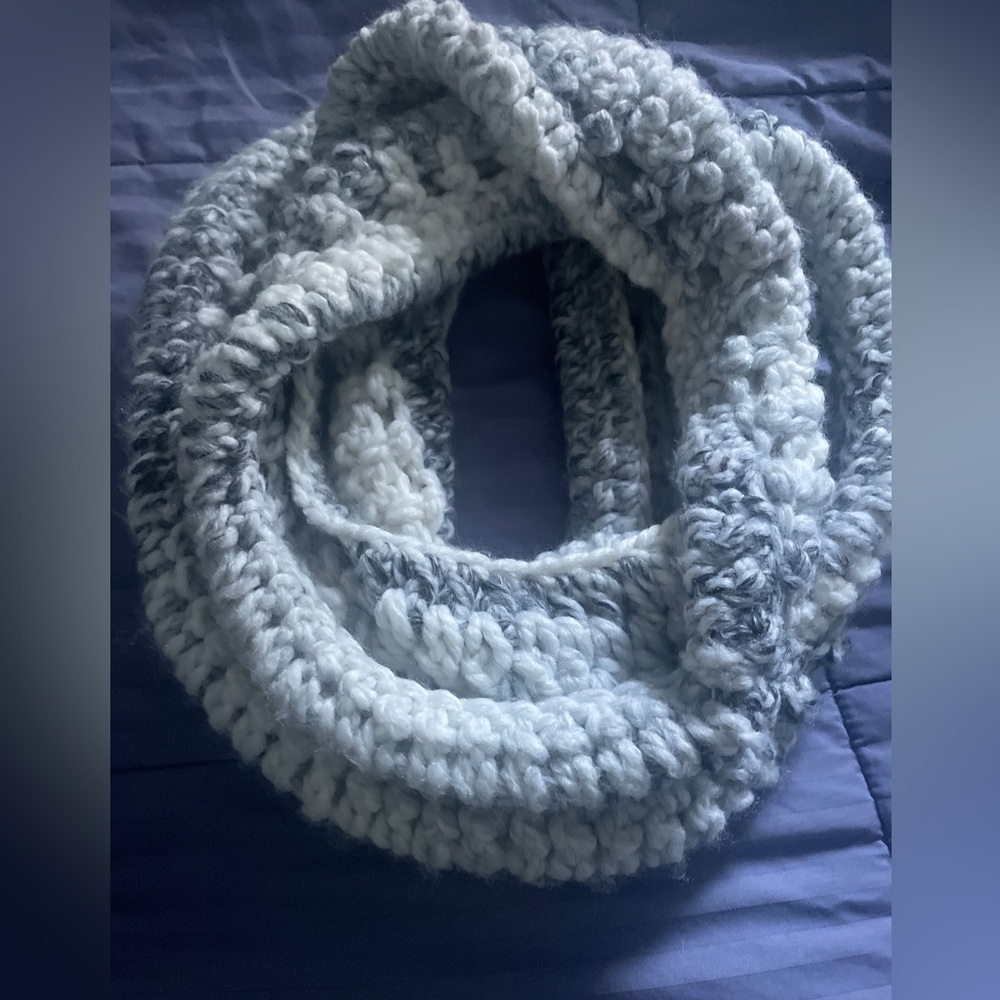 Handmade white and grey infinity scarf